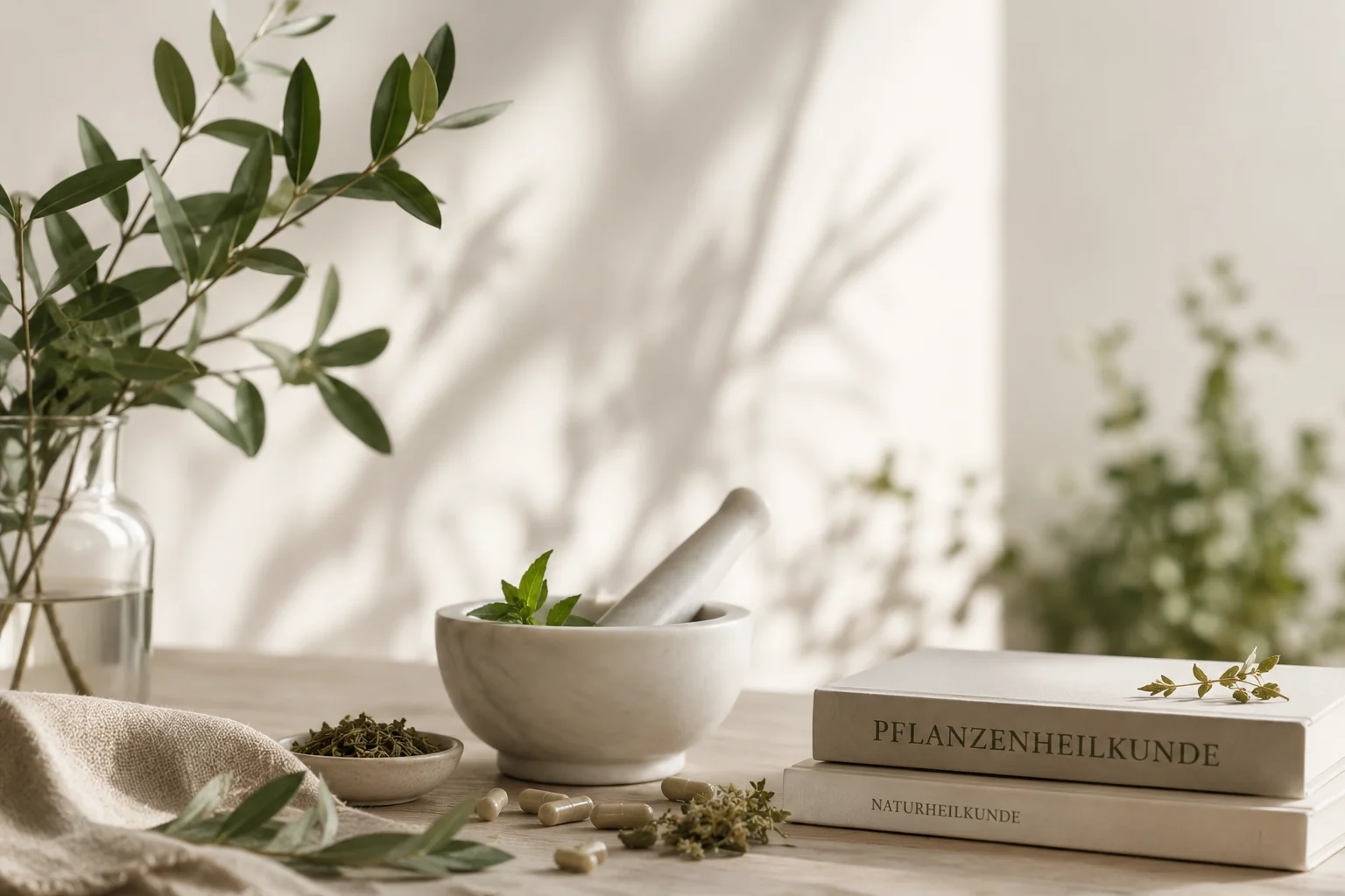 Pflanzen, Mörser und Bücher zur Naturheilkunde